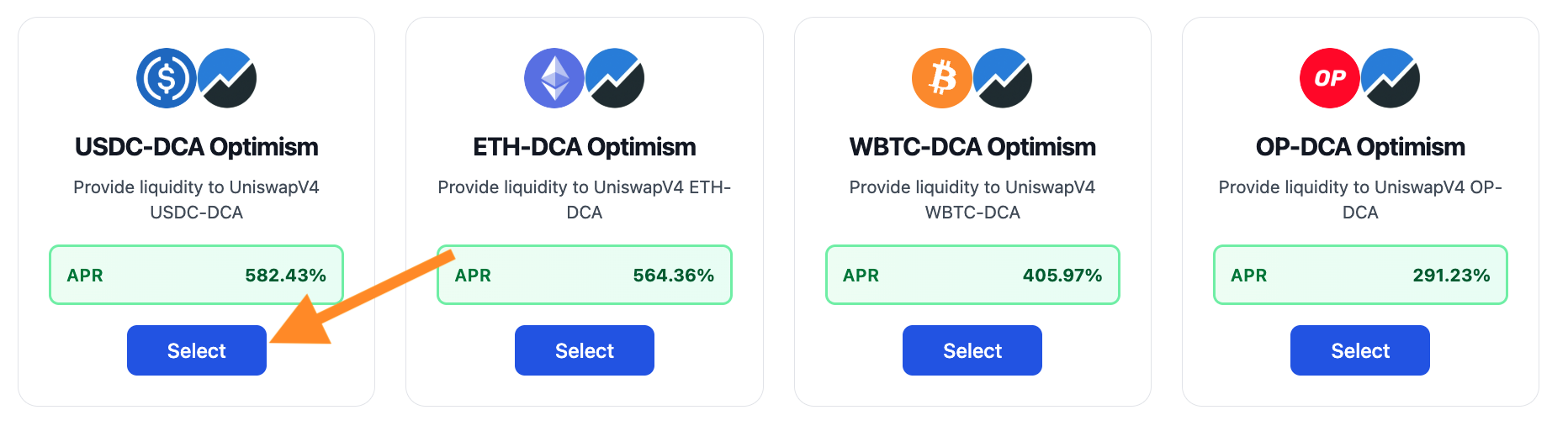 Pool cards showing USDC-DCA, ETH-DCA, WBTC-DCA, OP-DCA with APR percentages and Select buttons