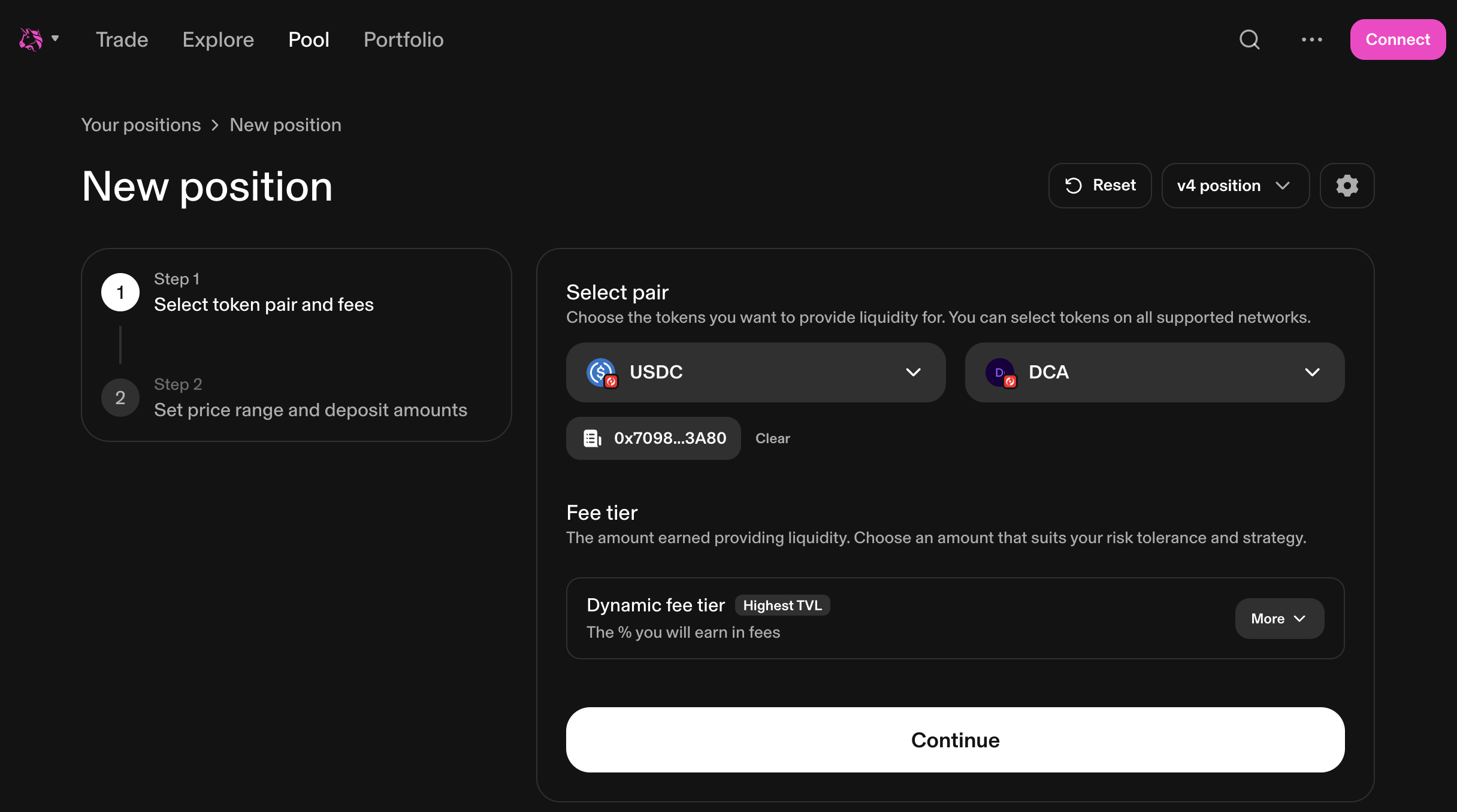 Uniswap V4 interface showing token pair selection