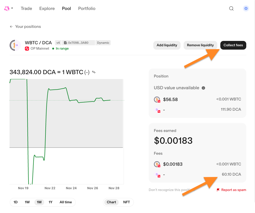 Viewing DCA token rewards as fees on Uniswap screenshot