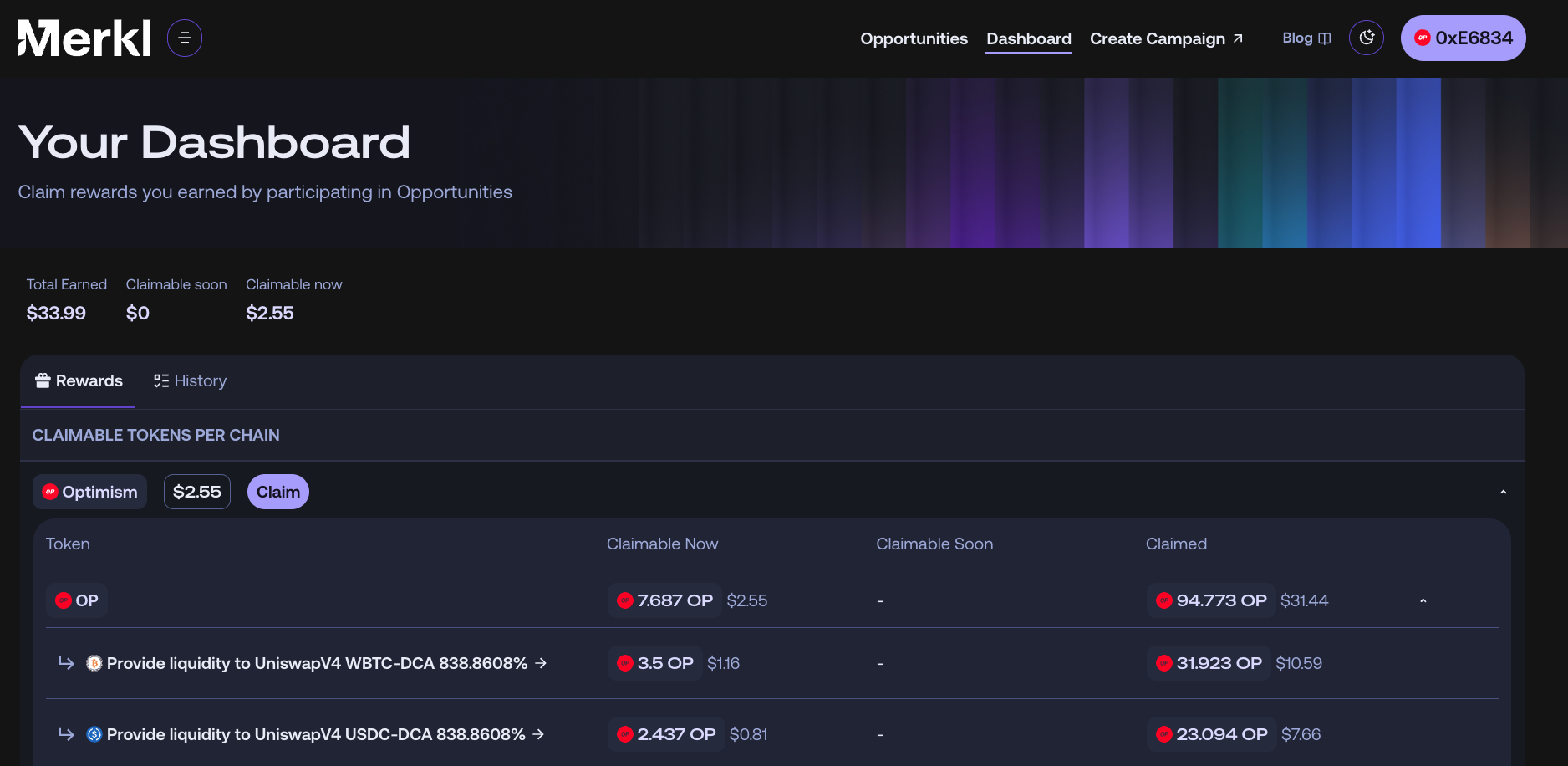 Claim rewards on Merkl platform screenshot