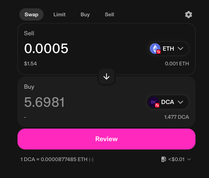 Uniswap swap interface for buying DCA tokens