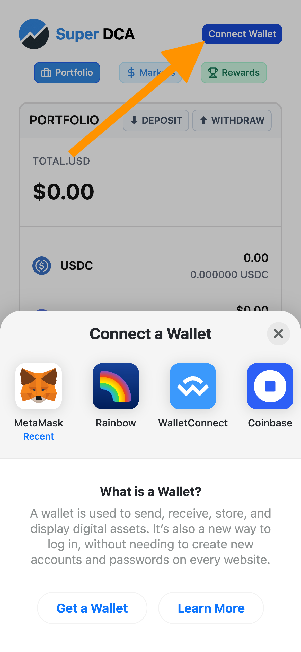 Navigation bar with Connect Wallet button highlighted